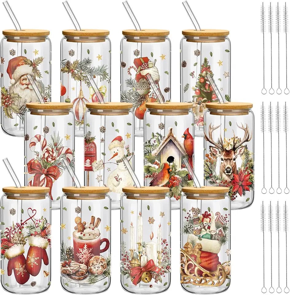 Teenyyou 12 Sets of Christmas Glasses Cups with Bamboo Lid and Glass Straw 16 oz Vintage Christmas Glass Jar Winter Drinking Cups Santa Snowman Elk Coffee Cup for Women Men Xmas Holiday Party Gifts