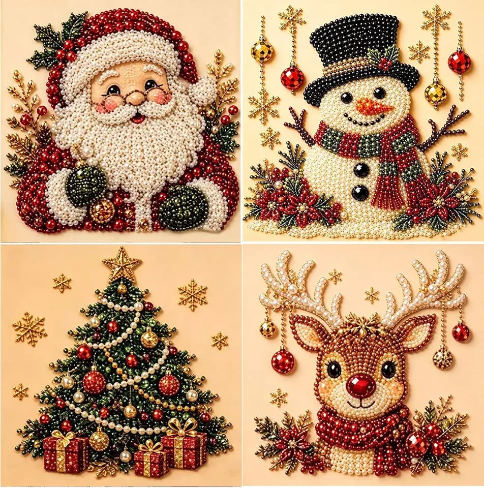 YERUOUIU 4 Pack Christmas Pearl Art Kits for Adults, DIY Special Shape Diamond Art Kits, Diamond Crystal Rhinestones Painting Kits for Home Wall Decor Gift 12x12inch