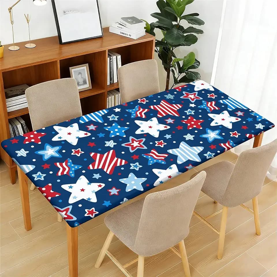 Rectangle Fitted Tablecloth, Waterproof Wipeable Table Cover with Elastic Edge for Indoor Outdoor Dining Kitchen Patio Picnic Party, 72x30inch, Stars