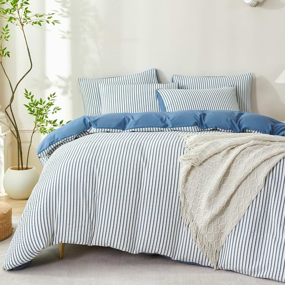 King Comforter Set Striped Denim Blue Soft Washed Microfiber Jacquard 3 Pieces King Striped Bedding Sets Denim Blue White Comforter for All Seasons and 2 Pillowcases Comfort Breathable
