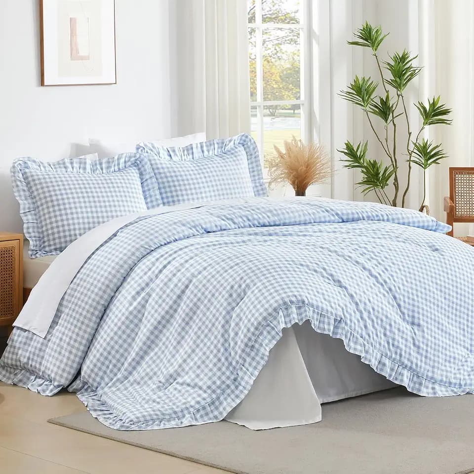 Andency Blue Gingham Ruffle Comforter King, 3 Pieces Vintage Bedding