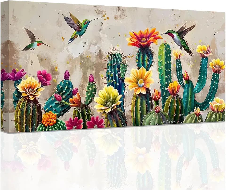 SWQYLB Cactus Wall Art Canvas Succulent Plant Pictures Hummingbird Painting Framed Botanical Art Prints Bathroom Living Room Home Decor (12.00" x 24.00")