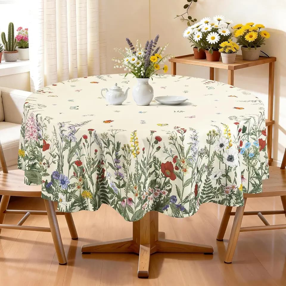 Polyester Tischdecke mit Gras Wildblumen, Waschbar, Rund, Ø 180cm