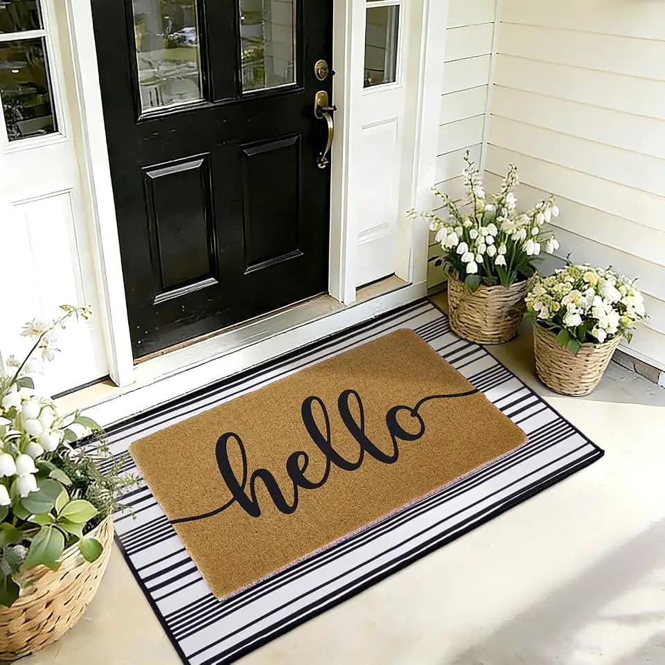 2pcs Layered Doormat Set, Welcome Door Mat for Outdoor Front Door, 16x24 PVC Coil & 24x32 Crystal Velvet Non-Slip Layering Entry Mats for Farmhouse Porch Decoration(Hello, Striped)