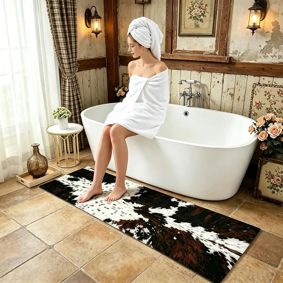 MUGINYU Cowhide Cow Print Long Bath Mat 20x63inch, Western Bathroom Runner Rug for Farmhouse Cowboy Decor,Large Quick Dry Absorbent Non-Slip Narrow Shower Rug for Bedroom Hallway Kitchen