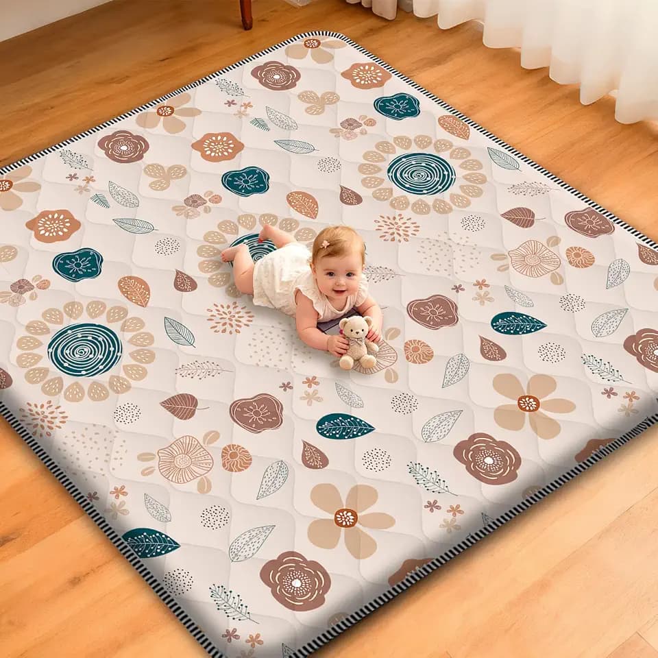 Baby Play Mat for Floor,50x50 Inch Soft Padding Crawling Mat for Playpen, Foldable and Machine Washable, Thick for Babies & Toddlers,Boho Flower