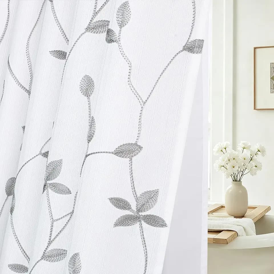 No Hook White Grey Embroidery Leaf Shower Curtain with Snap in Liner 72x75
