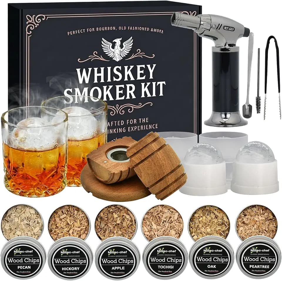 Whiskey Smoker Kit with Torch – 6 Flavors Wood Chips, Old Fashioned Cocktail Smoker Infuser Set with 2 Glasses & Ice Ball Molds, Bourbon Whiskey Gifts for Men Dad Husband (No Butane)