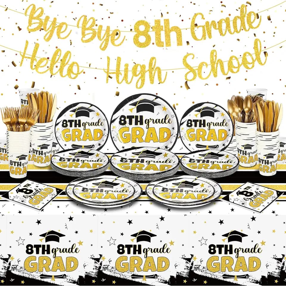 Jingmore 178 Pcs 8th Grade Graduation Party Decoration Supplies 2026 Graduation Party Disposable Dinnerware Serve 25 with Plastic Forks Knives Spoons Paper Plates Napkins Cups Tablecloth Banner(Gold)