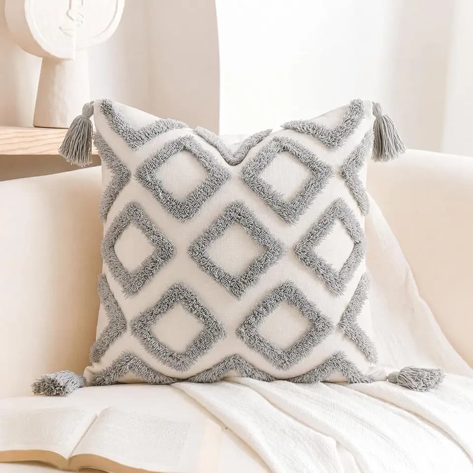 PANOD Super Soft Farmhouse Decorative Plush Throw Pillow Covers 26 x 26 Grey,Solid Diamond Pattern Tufted with Tassels Modern Accent Boho Square Cushion Cover Pillow Case for Couch Sofa