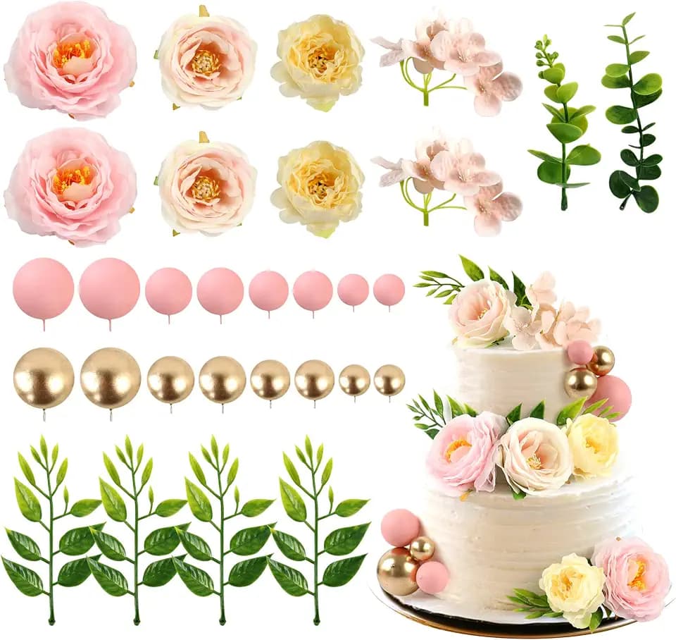 Ercadio 30Pcs Pink Artificial Flowers Balls Cake Decorations 3D Flowers with Artifcial Leaves Cake Toppers for Mother's Birthday Bridal Shower Wedding Anniversary Party Cake Decorations Supplies