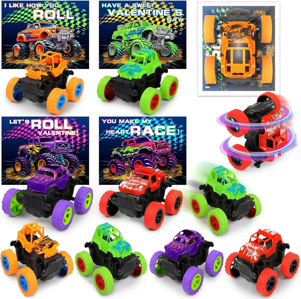 choopheme 24Pack Monster Truck Toys Valentines Day Cards Gifts for Kids Valentines Cards Inertia Stunt Car Valentines for Boy Toys Girl Classroom School Exchange Prizes For Girls Boys Students
