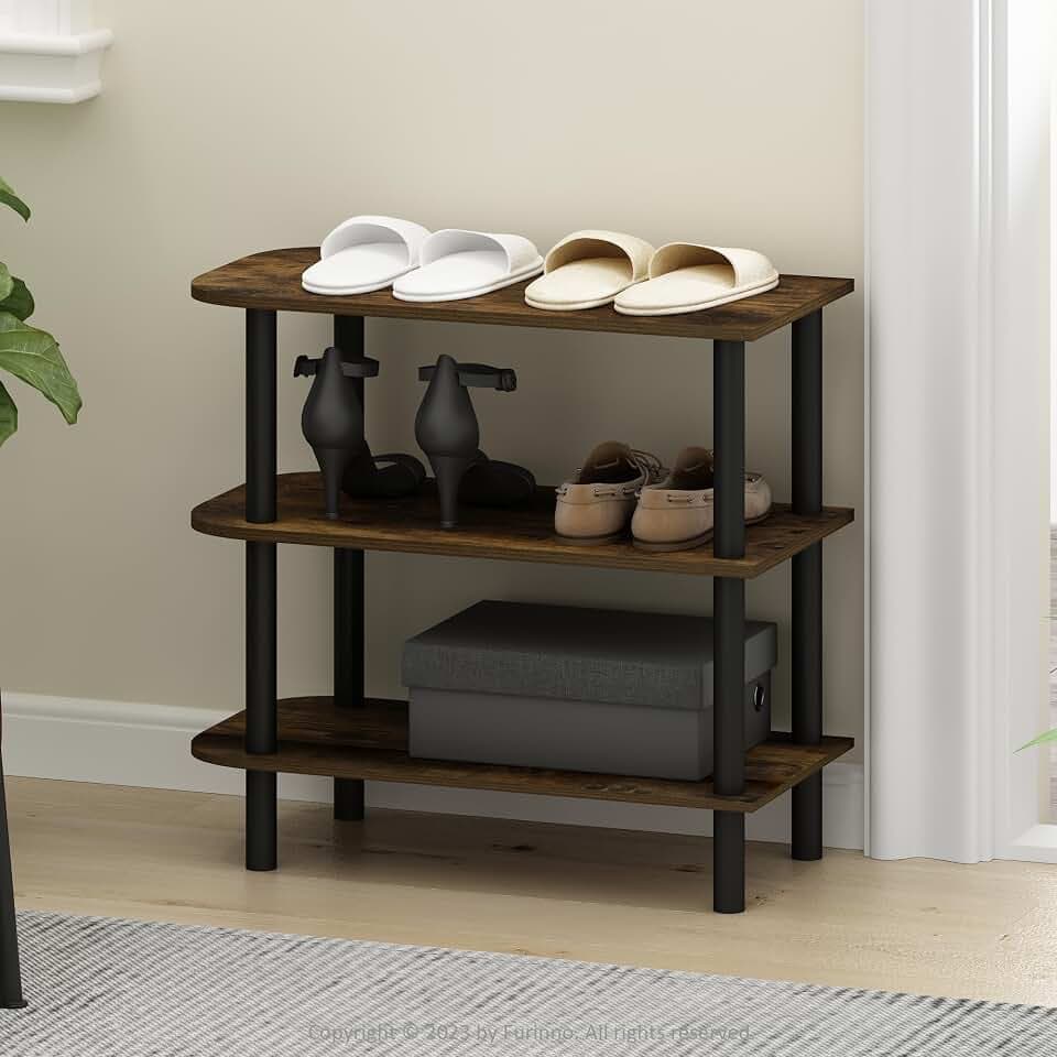 Furinno Turn-N-Tube Shoe Rack, 3-Tier Narrow Shoe Organizer, Shoe Rack Storage with Curved Freestanding Organizer, 11.7 x 23.6 x 21.9, for Closet Entryway, Office, Garage, Amber Oak