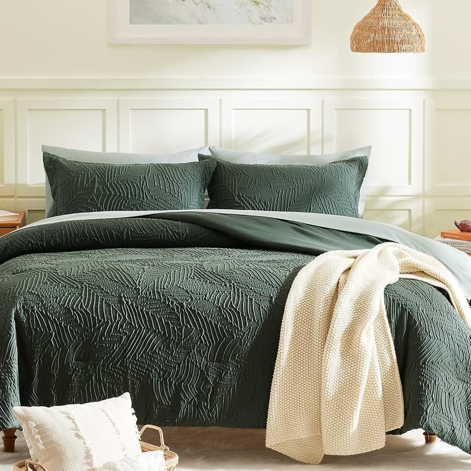 King Size Comforter Set- 7 Pieces Dark Green Bed in a Bag King Bedding Sets