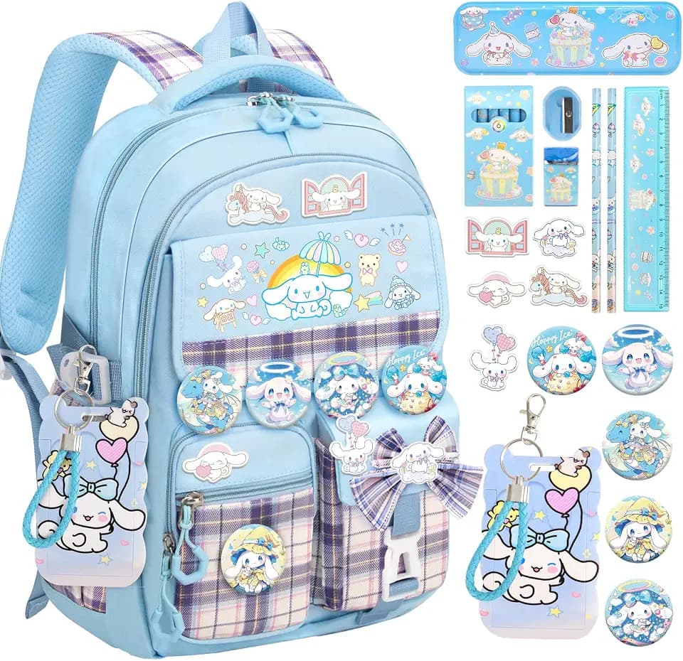 KIEAL 16.5/19IN School Backpack for Girls with 24Pcs Accessories, Anti-Theft Kids Backpack for Students, New Semester Presents with Pins and Card Holder