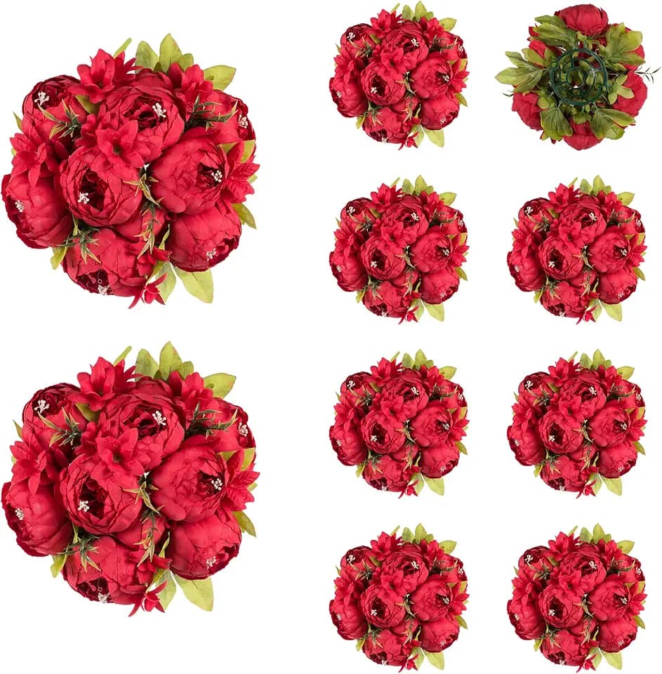 BLOSMON Artificial Flowers Balls Centerpieces: 10 Pcs 9.5" Red Fake Peonies Center Pieces Decoration for Wedding Table Silk Kissing Ball Floral Arrangements, Base with Faux Peony for Party Home Decor