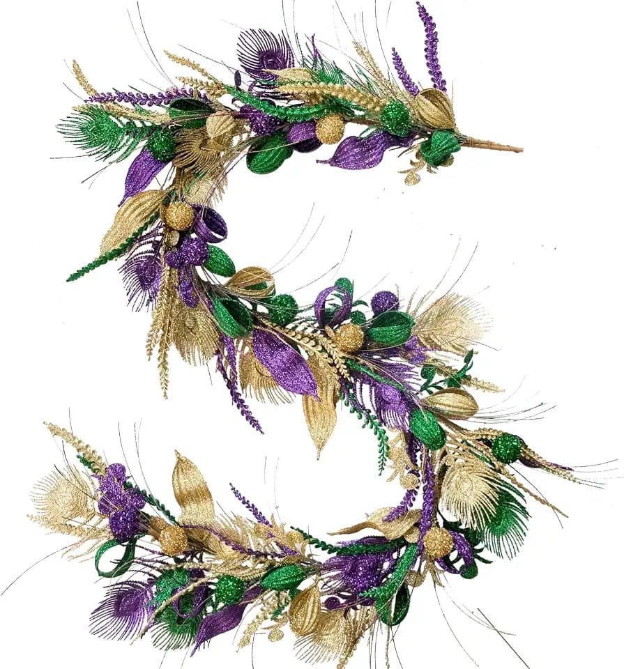TEMPUS 5.9ft Mardi Gras Purple and Green Glitter Garland for Front Door Mardi Gras Party Garland for Mantel Glitter Party Home Indoor and Outdoor Decor