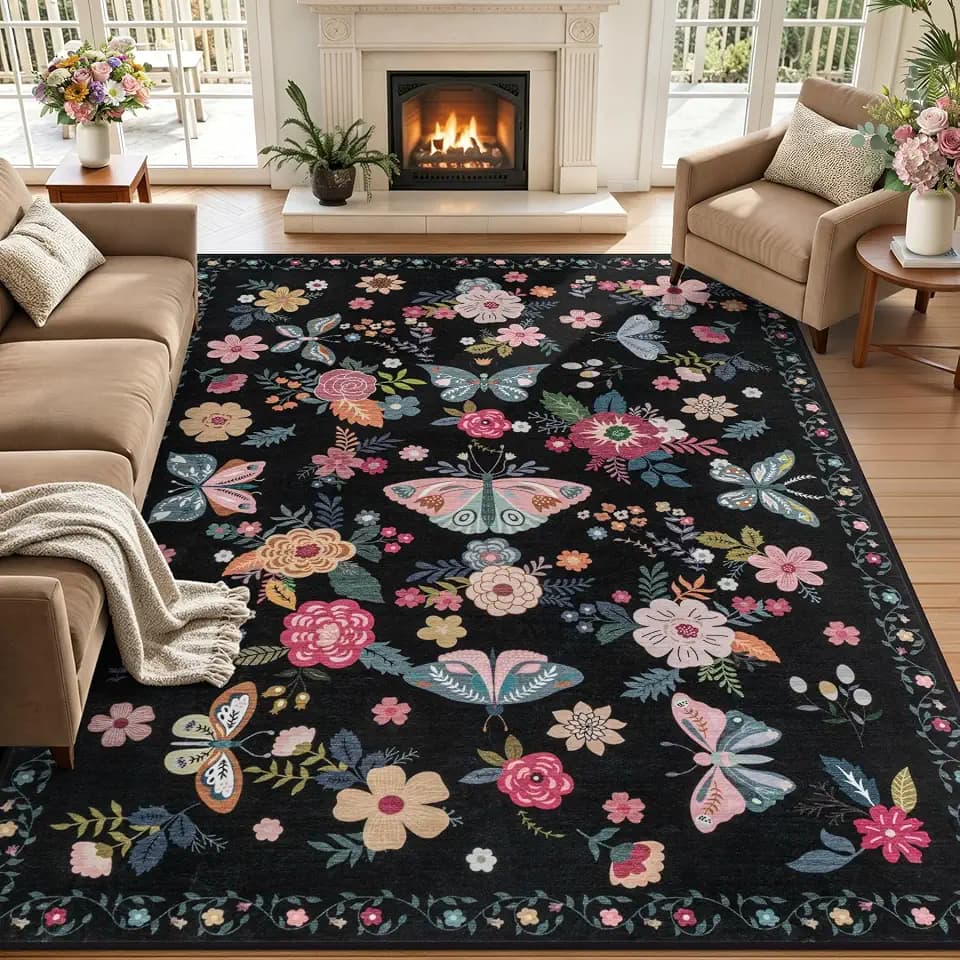 6x9 Area Rug Living Room: Soft Floral Washable Boho Carpet Black