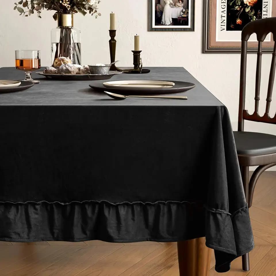 Black Velvet Tablecloth Rectangular Decorative Ruffle 60x120 Inch