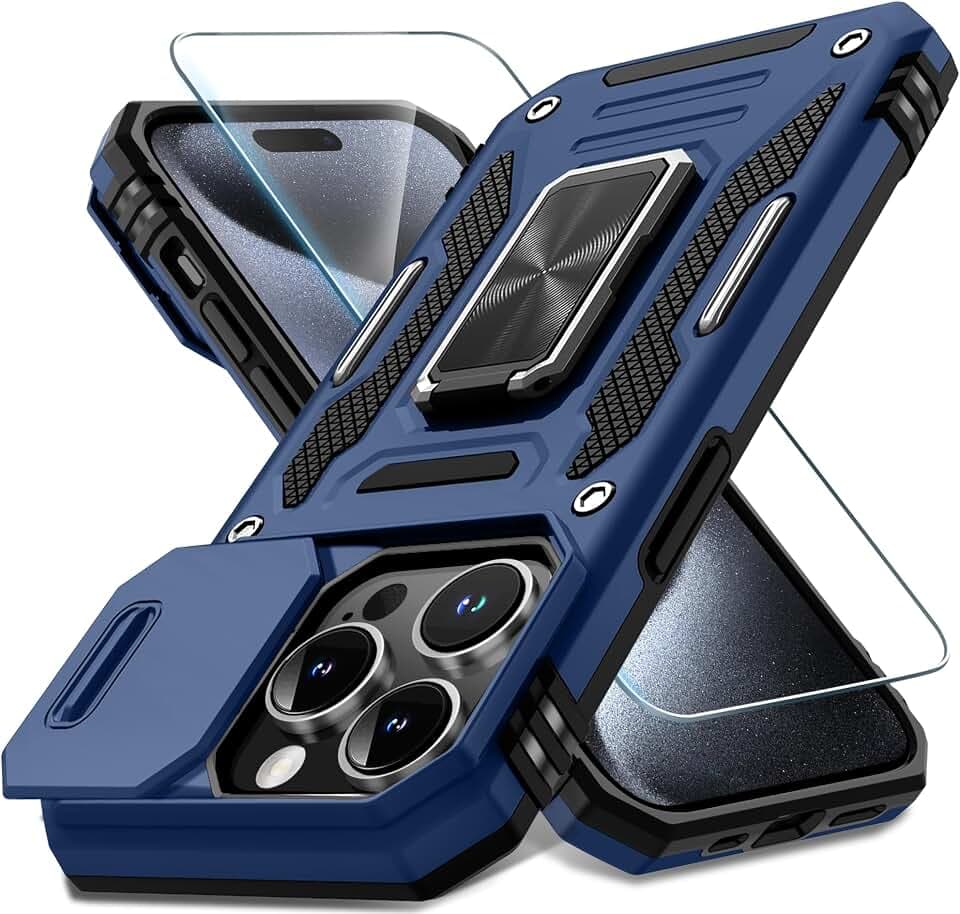 DEERLAMN Case for iPhone 15 Pro with Slide Camera Cover+Screen Protector(1 Pack), Rotated Ring Kickstand Military Grade Shockproof Protective Cover 6.1 Inch-Navy Blue
