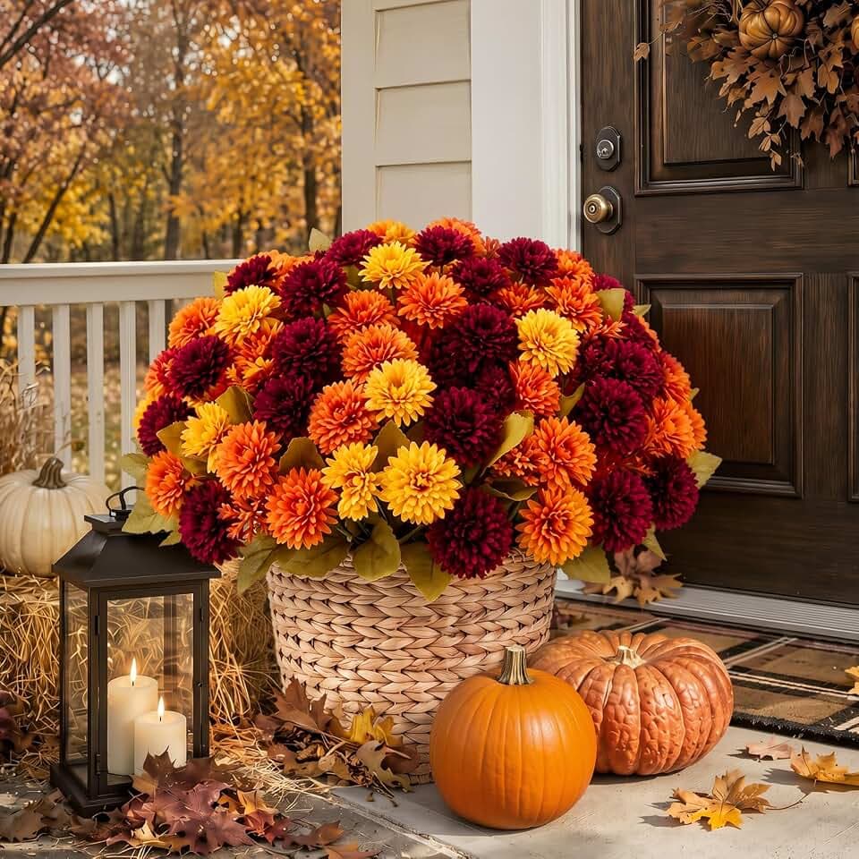 3 Pcs Fall Artificial Flowers for Outdoor Faux Mums, Multicolor