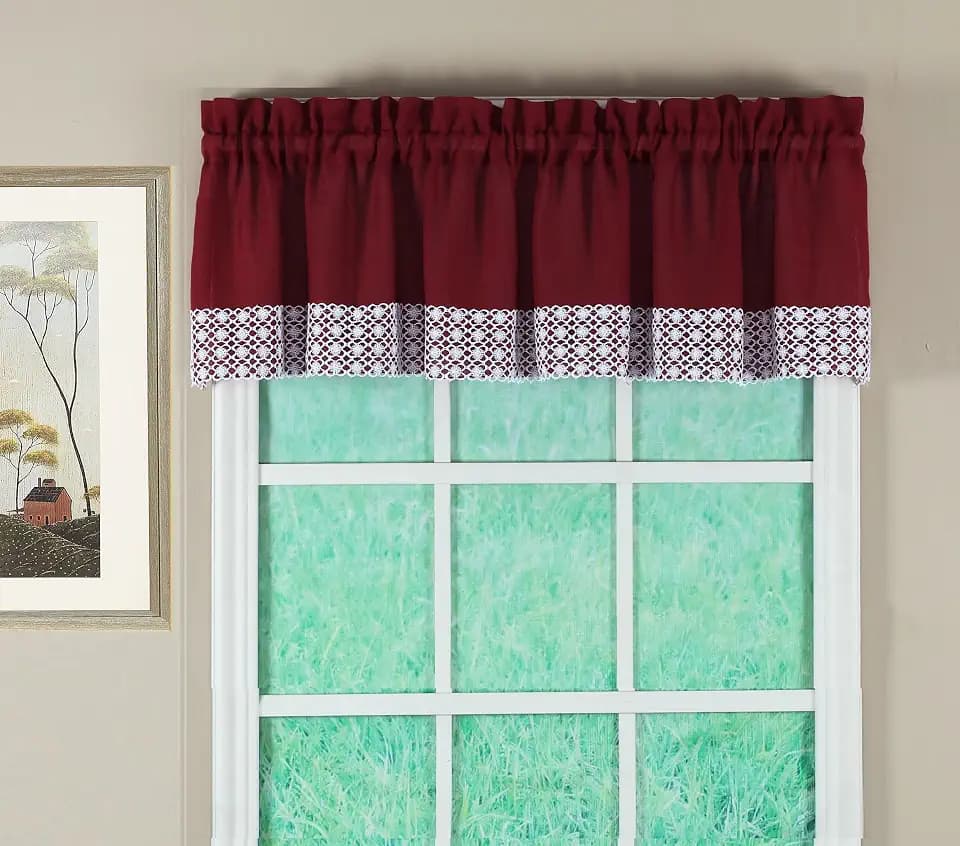 Today's Curtain, Salem Macramé Trim Valance 12", Burgundy, 60" W x 12" L