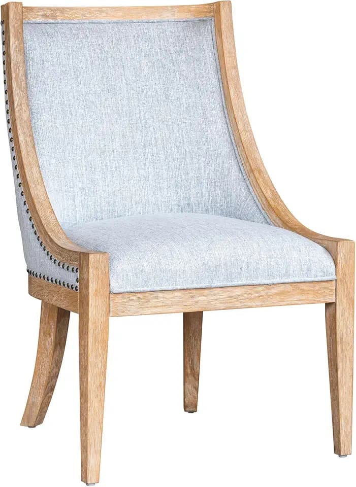 Martha Stewart Farmhouse Dining Chair, Recessed Armchair for Bedrooms, Nailhead Trim, Solid Wood Legs, Upholstered Reading Accent Chairs for Living Room, Kitchen Side Chair, Elmcrest Light Blue
