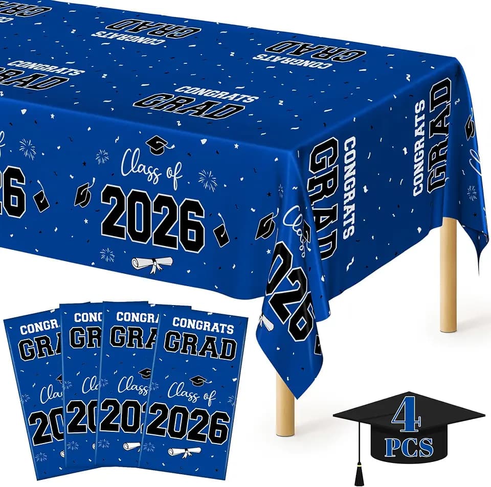 QZYL 4 Pack Graduation Tablecloth, 54" x 108" Blue Graduation Table Decorations 2026, Plastic Tablecover for Class of 2026 Congrats Grad, Rectangle Disposable Grad Party Decorations Supplies Favors