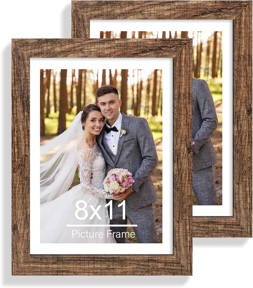 Hongkee 8x11 Picture Frame Set of 2, Real Glass, Rustic Brown Wood Frame