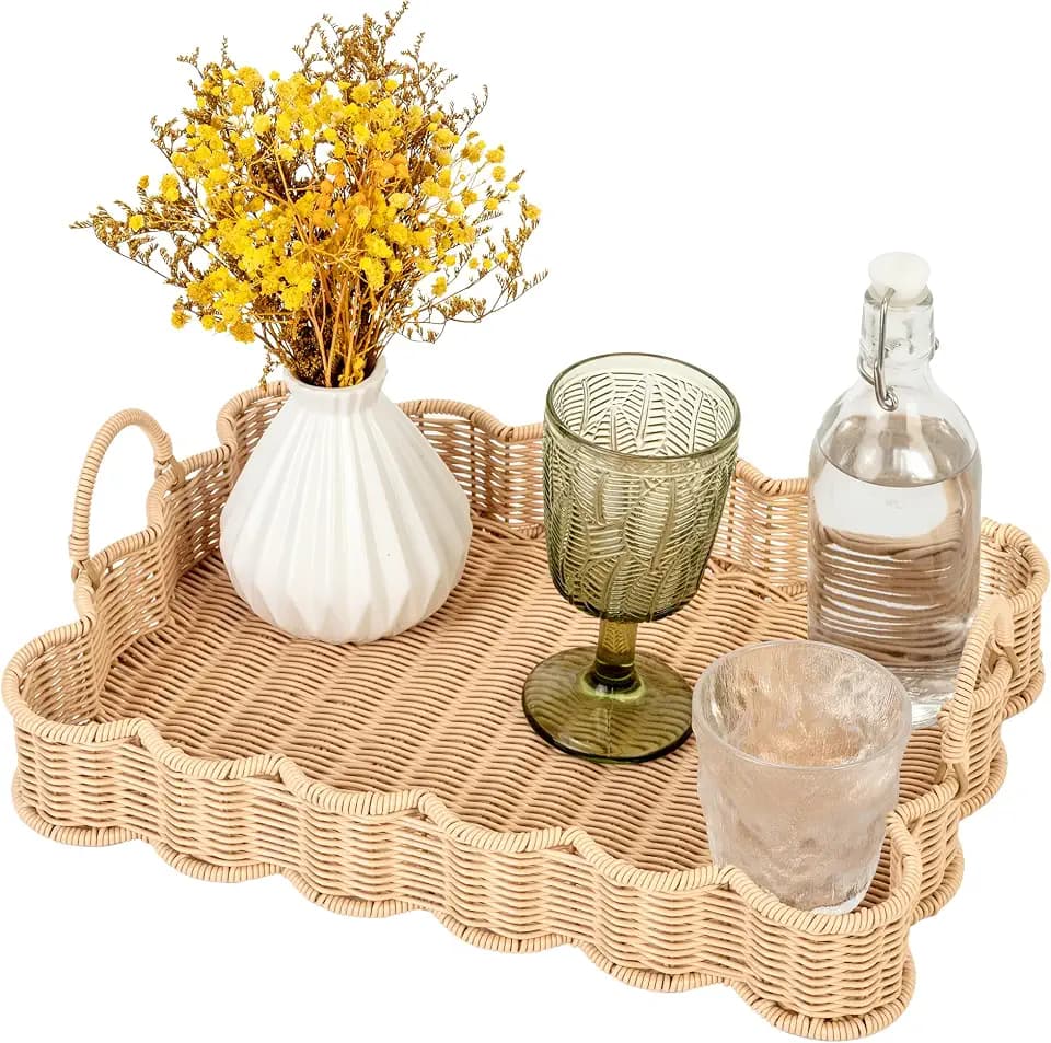 GRANNY SAYS Scalloped Edge Wicker Coffee Table Tray, Decorative Tray