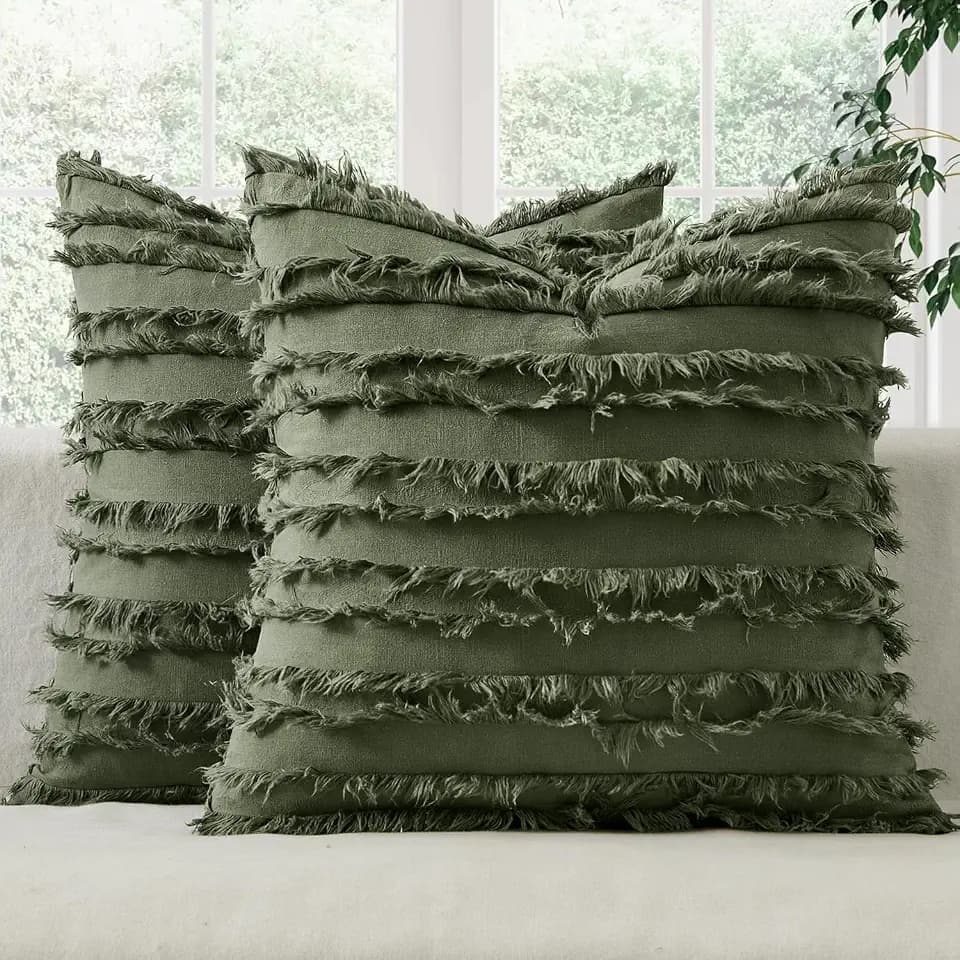 MIULEE Boho Linen Striped Throw Pillow Covers 18x18, Dark Olive Green