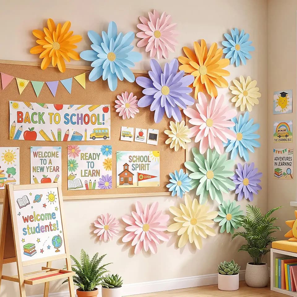 18 Pcs Paper Flower Bulletin Board Decor, Pastel Color, 6" 8" 10"