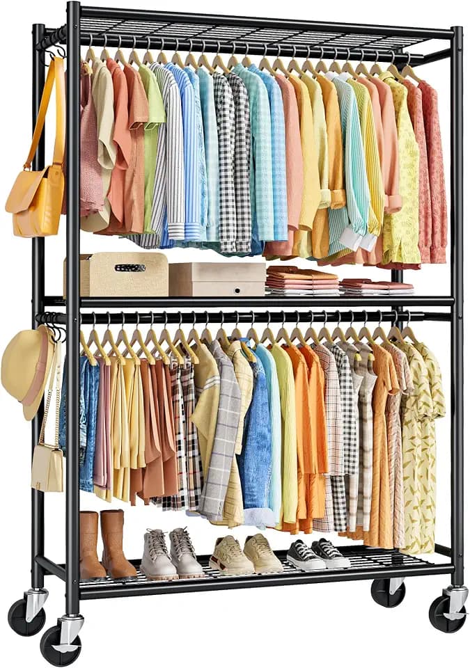 Sakugi Clothes Rack - 45.2" x 12.6" x 80.7" Clothing Rack with Shelves & Wheels, Multi-Functional Wardrobe Closet with Hooks, Sturdy Metal Garment Rack for Bedroom, Laundry, Balcony (Black)