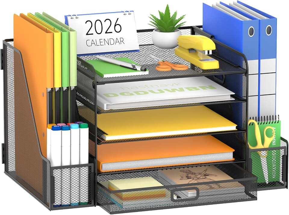 SUPEASY Mesh Desk Organizer with File Holder, 5-Tier Paper Letter Tray Organizer with Magazine Holder, Desktop Organizer and Storage with Drawer for Office Supplies Home or School (Black)