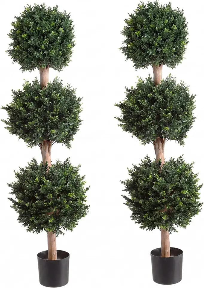 Pure Garden Set of 2 Artificial Trees - 5FT Hedyotis Topiary Fake Plants in Weighted Pots - Faux Plants for Indoor Display or Front Porch Decor