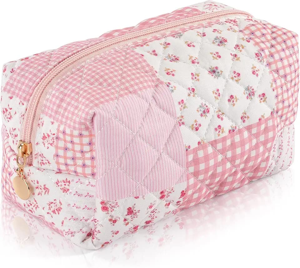 Makeup Bag Travel Toiletry Pouch for Women, Small Quilted Cotton Cosmetic Bag for Purse, Cute Essentials Bag Pencil Case Accessory, Patchwork Pink