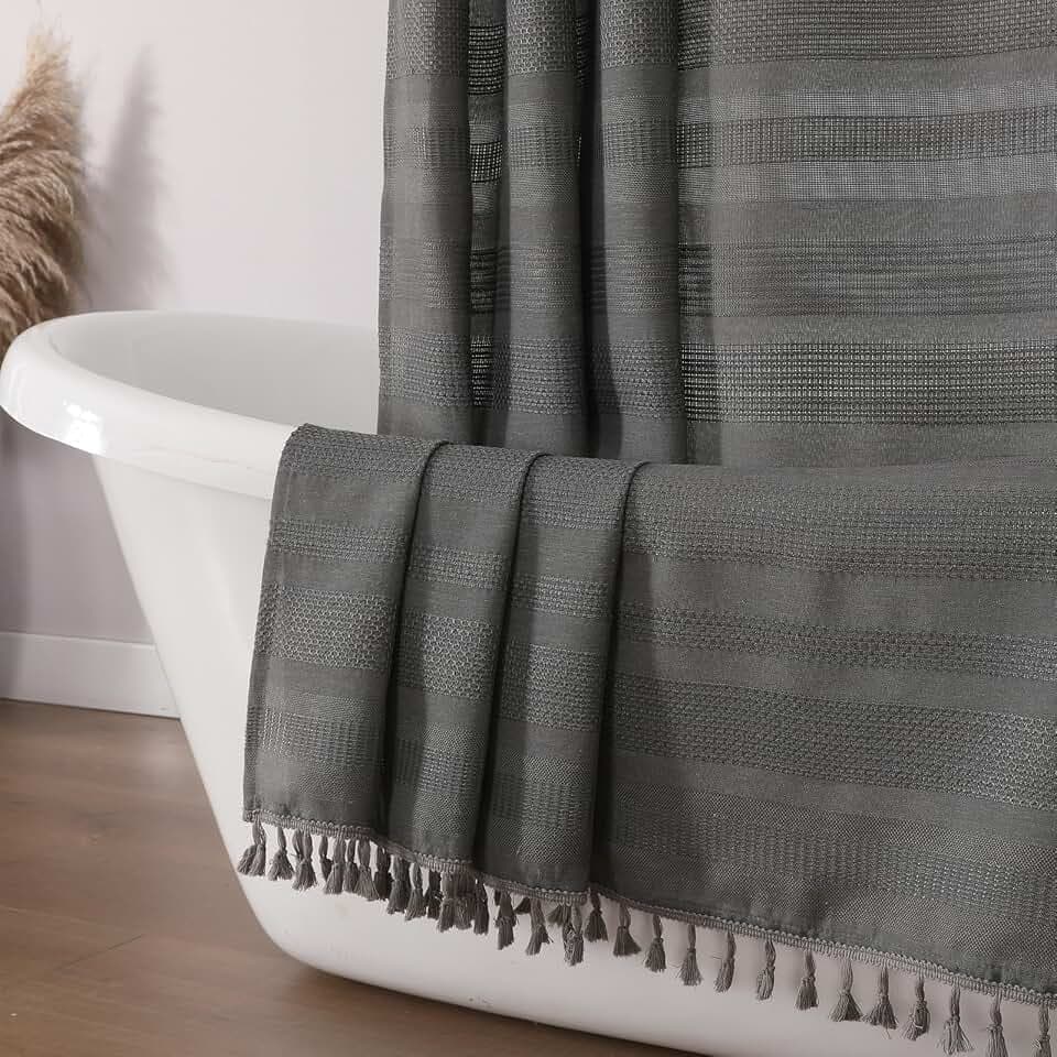 OVZME Boho Shower Curtain 72 Inch Long, Modern Farmhouse Rustic Striped Tassel Fabric Shower Curtain for Bathroom, Heavy Duty Vintage Country Bathroom Decoration, 72Wx72L Inches, Charcoal Grey
