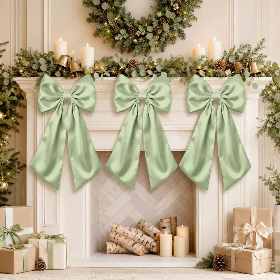 Suncalla 3 Pcs Large Bow Decor - 24 x 12 in Big Satin Sage Green Bows Hanging Wall Decors for Crib Skirt Nursery Bedding Wedding Room Birthday Bridal Shower Christmas Fireplace Party Supplies