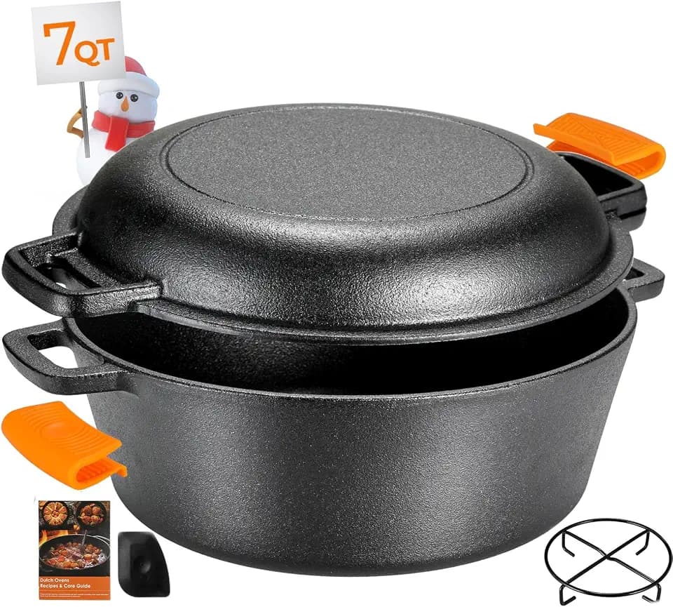 TLGREEN Cast Iron Dutch Oven 5.1QT Pot 1.9QT Skillet Lid Silicone Holders
