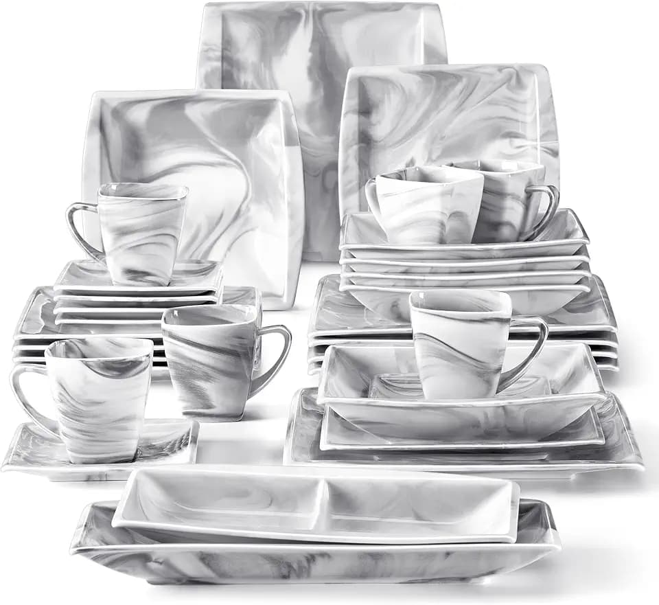 MALACASA Dinnerware Sets, 32 Pieces Porcelain Plates and Bowls Sets for 6, Marble Grey Dishes with Plates and Bowls, Cups and Saucers, Side Dish Plates, Square Dinner Set, Series Blance