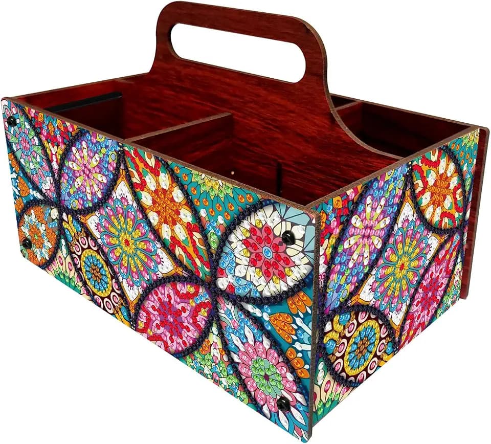 Diamond Art Painting Multi-grid Storage Box with Handle Wooden DIY Assembly Tabletop Makeup Brushes Pens Desktop Craft Organizer Living Room Office Home (Mandala)