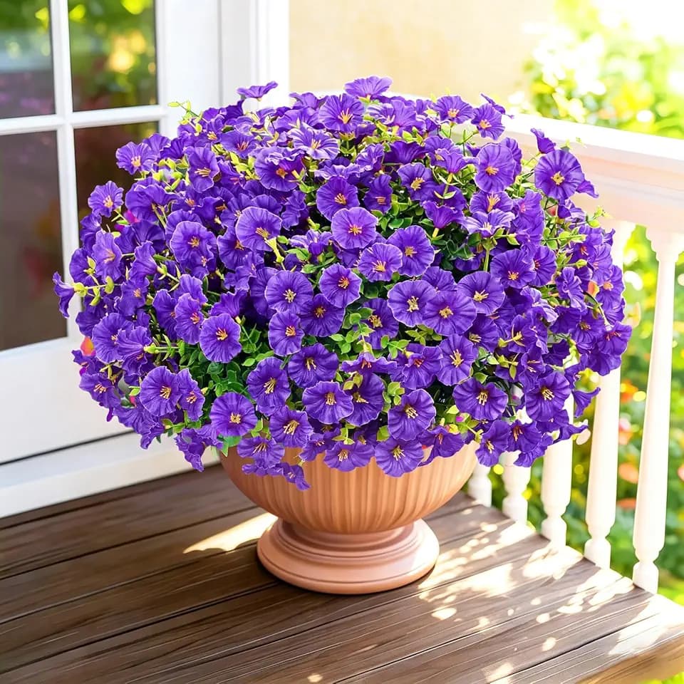14 Bundles Artificial Flowers for Outdoor, Faux Flowers Silk Morning Glory with Eucalyptus Realistic UV Resistant Spring Flowers for Patio, Garden, Porch, Window Box, Decoration (Purple)