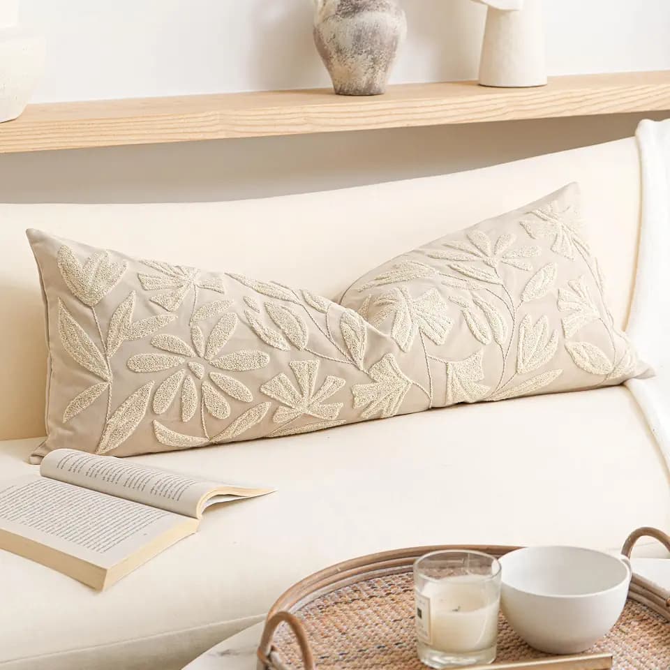 BlissBlush 14x36 Lumbar Pillow Cover for Bed, Rectangular Decorative Long Throw Pillowcase, Embroidered Farmhouse Accent Cushion, Beige Neutral Floral Tufted (Cover Only)