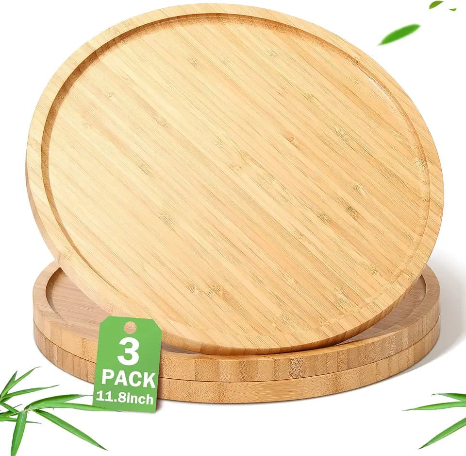 Meanplan 3 Pcs Round Bamboo Tray Charcuterie Board with Rim, 11.8 Inch