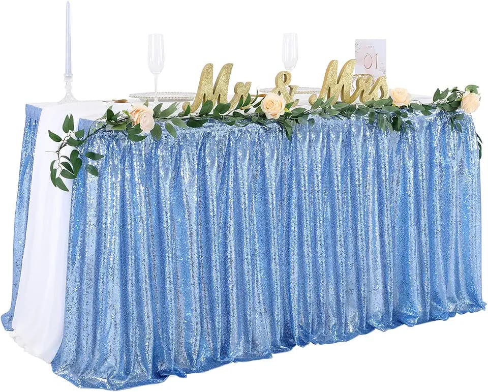 6ft Baby Blue Sequin Table Skirt for Round Rectangle Square Table Sparkly Table Skirt for Birthday Party Family Baby Shower