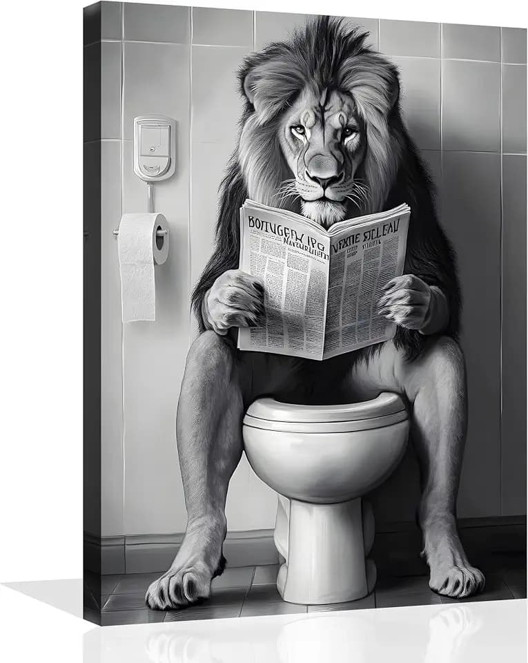 OWNANRTHM Lion Bathroom Canvas Wall Art Funny Animal Bathroom Wall Art Lion on Toilet Bathroom Painting Black and White Animal Bathroom Pictures for Bathroom Restroom Wall Framed 16X20 inch