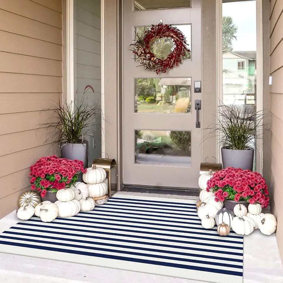 IOHOUZE 3x5 Striped Entryway Rug, Washable Front Door Mat, Navy White