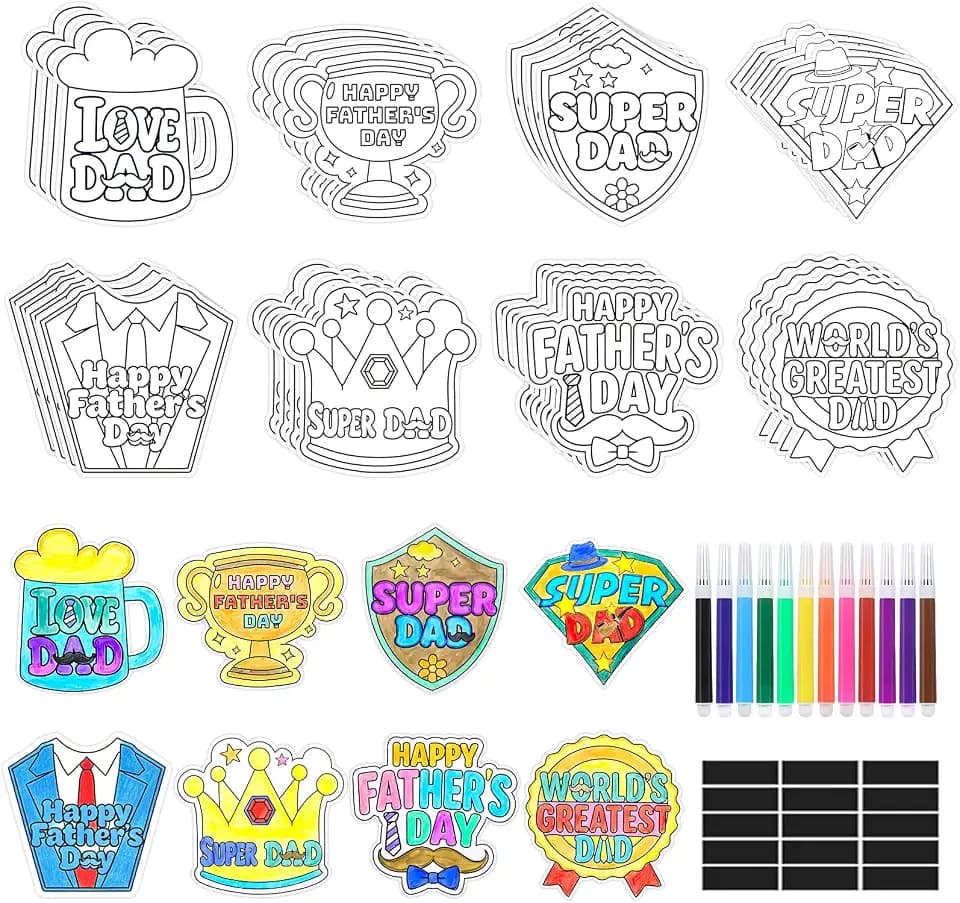 32 PCS Father's Day Crafts Set Fridge Magnet Kit Paint Your Own Happy DIY Bulk Include 32 Magnet 24 Paint Pens Classroom Favors Gifts