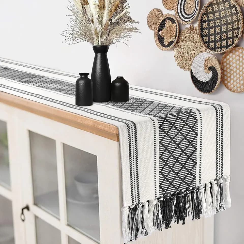 yuboo Black and White Striped Table Runner Farmhouse Style, Modern Short Woven Coffee Table Runner 48 Inches Long, Geometric Dresser Runners for Bedroom, Nightstand, Black Gothic Table Decor