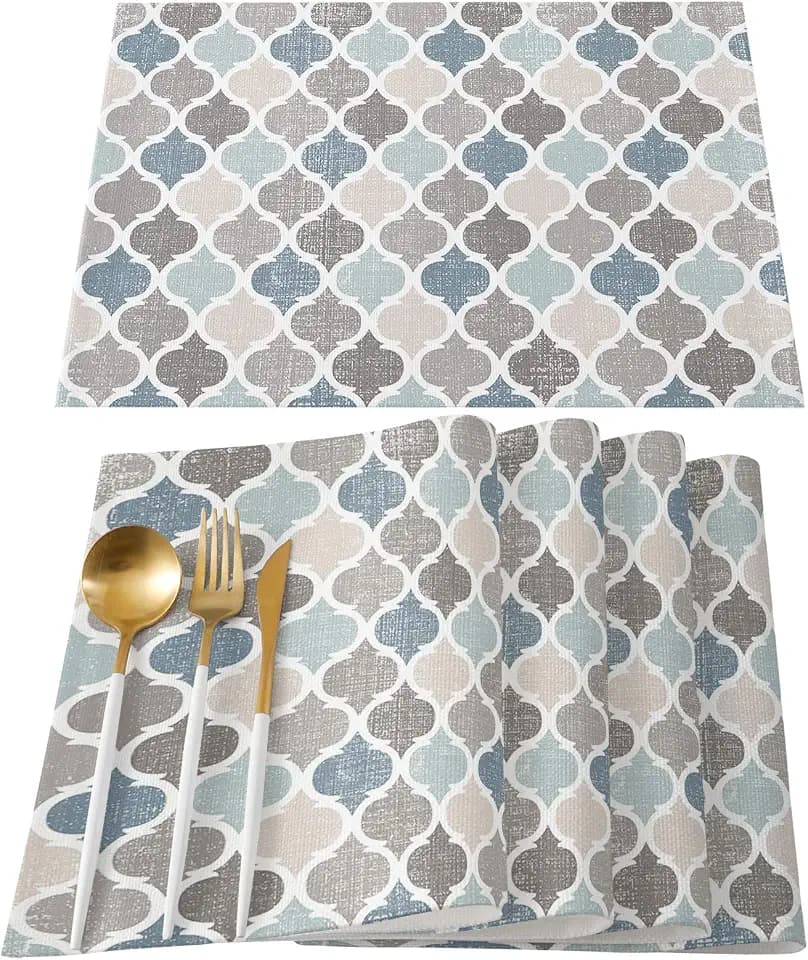 Retro Moroccan Plaid Placemats for Dining Table Cotton Linen Geometric Quatrefoil Place Mats Blue Beige Grey Non-Slip Heat Insulation Washable Table Mats Set of 4, 12 x 19 Inch